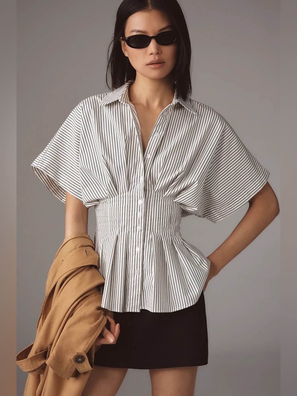 Anthropologie The Tobie Short-Sleeve Pleated Blouse by Exquise